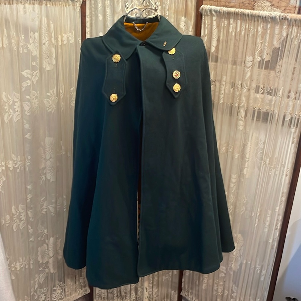 MARVEN NEIZEL 40/50’s GREEN-ORANGE  WOOL CAPE WITH PINS ONE SIZE FITS MOST